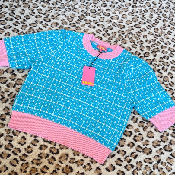 THML Tops - THML Turquoise and Pink Patterned Sweater